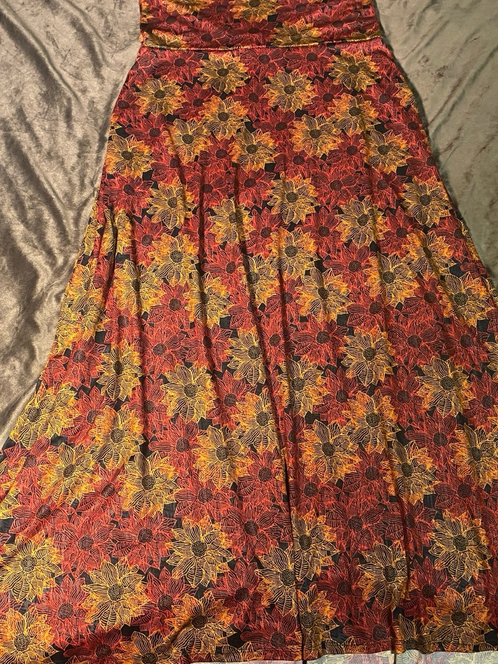 LuLaRoe Red, Yellow and Black Floral Maxi Skirt with Sunflower Motif
